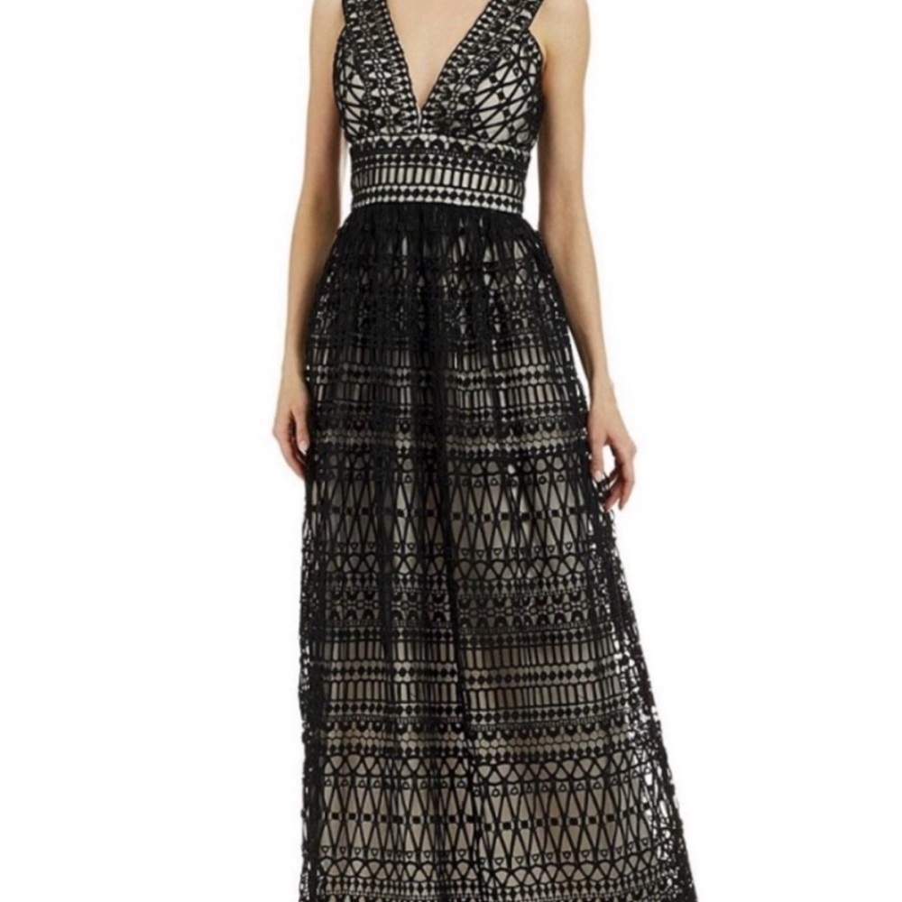 Nicole Miller New York | formal black v-neck eyelet and lace maxi dress